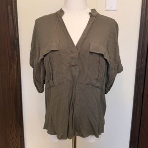 Maeve Khaki Blouse with Rolled Sleeves V Neckline Chest Pockets Loose Fit Top